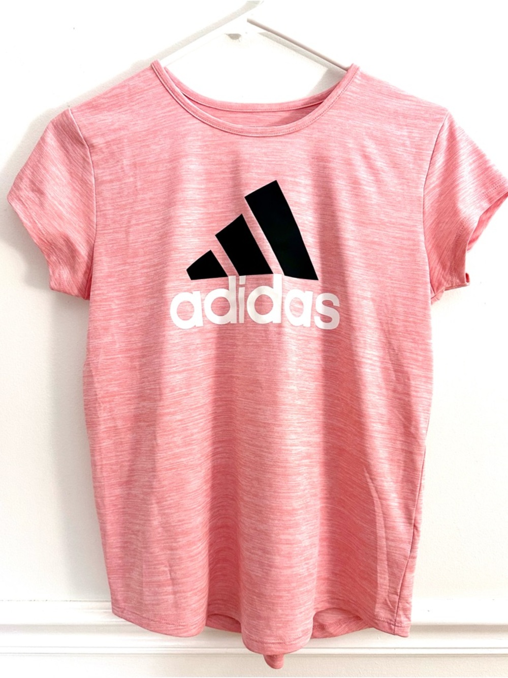 Adidas Girls XL 16 Pink Space Dye Heathered Short Sleeve Logo Athletic T-Shirt